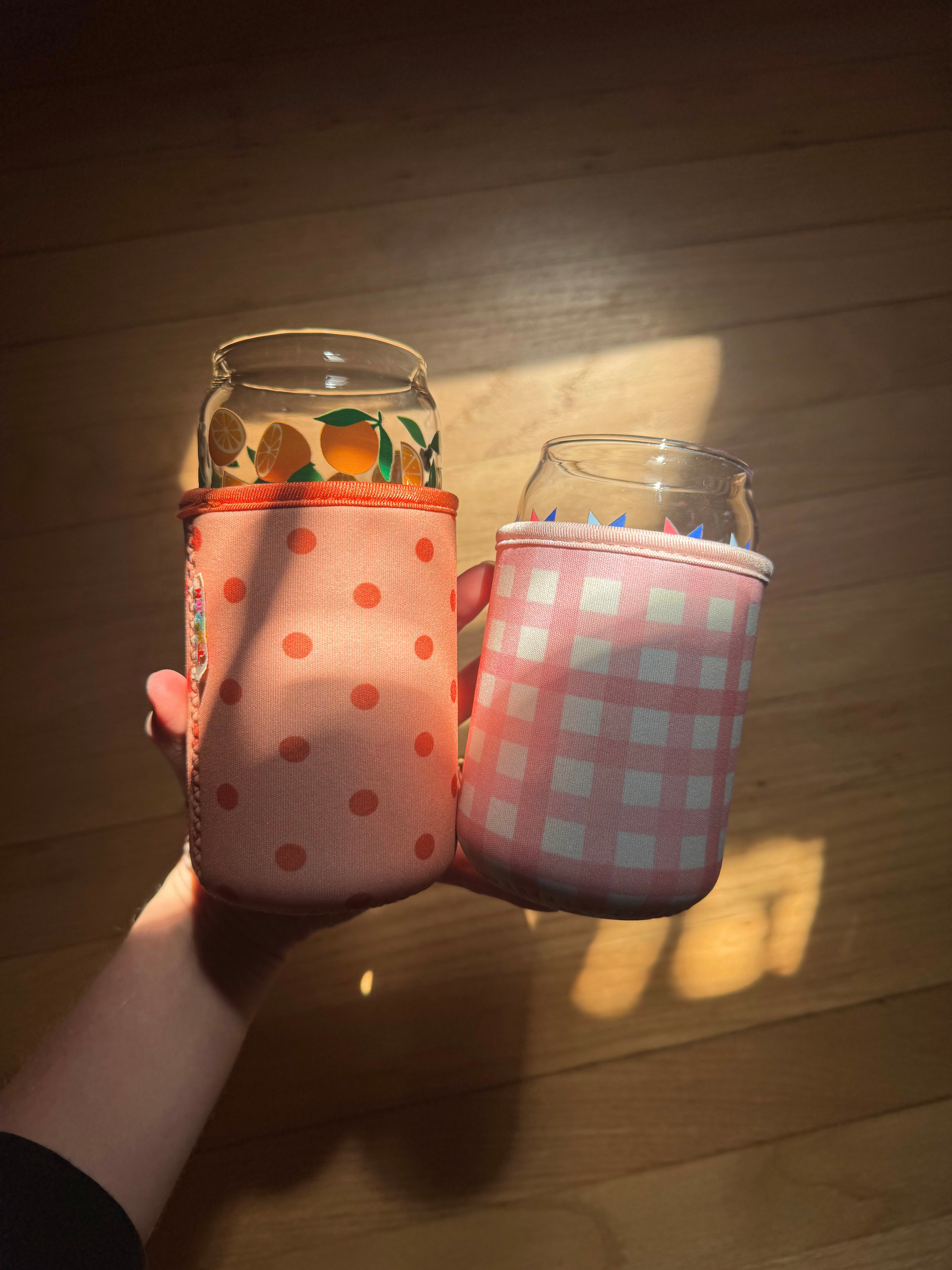 Pink Gingham and Orange Polka Dot Coozies