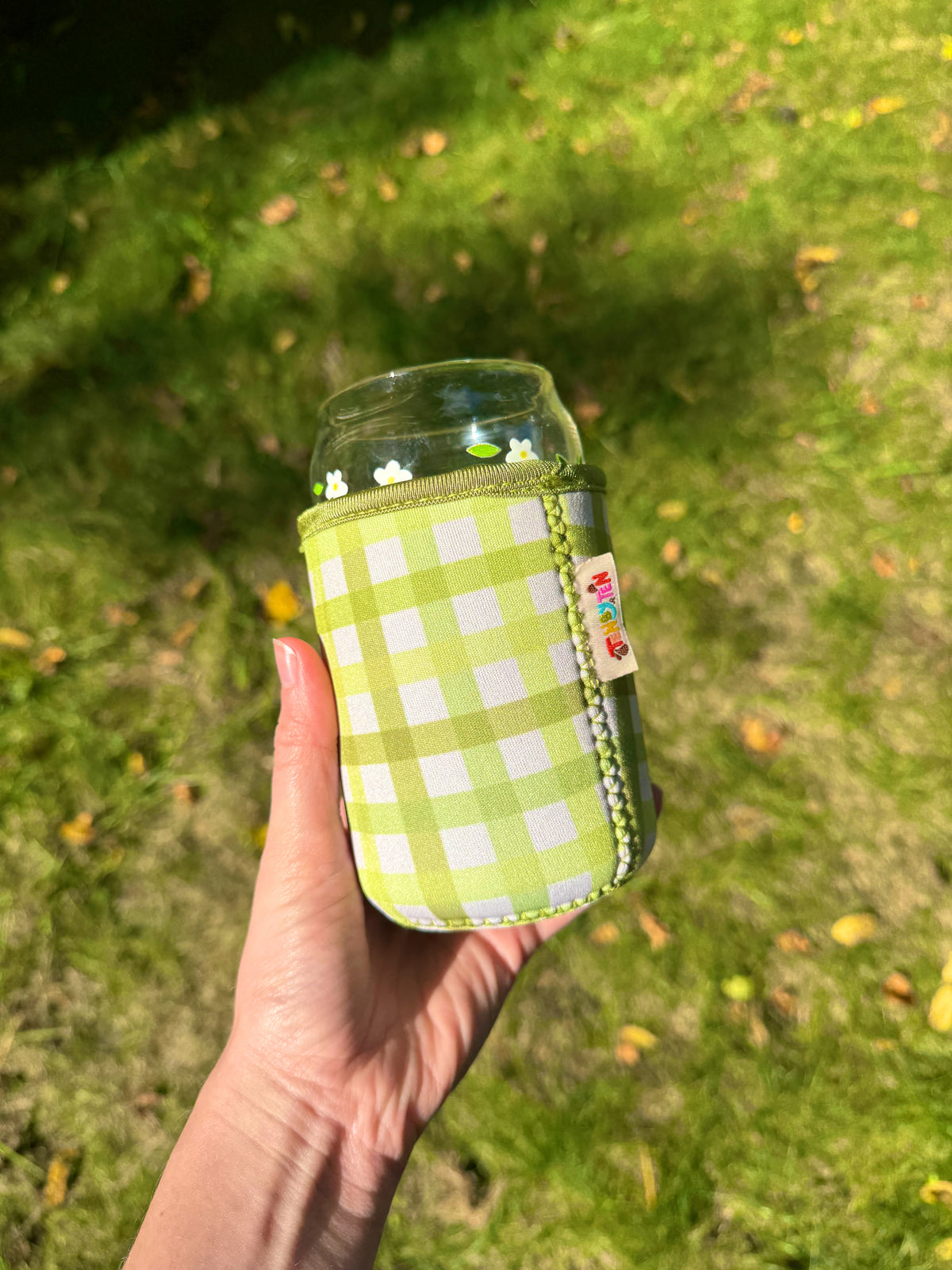 Green Gingham Can Glass Coozie