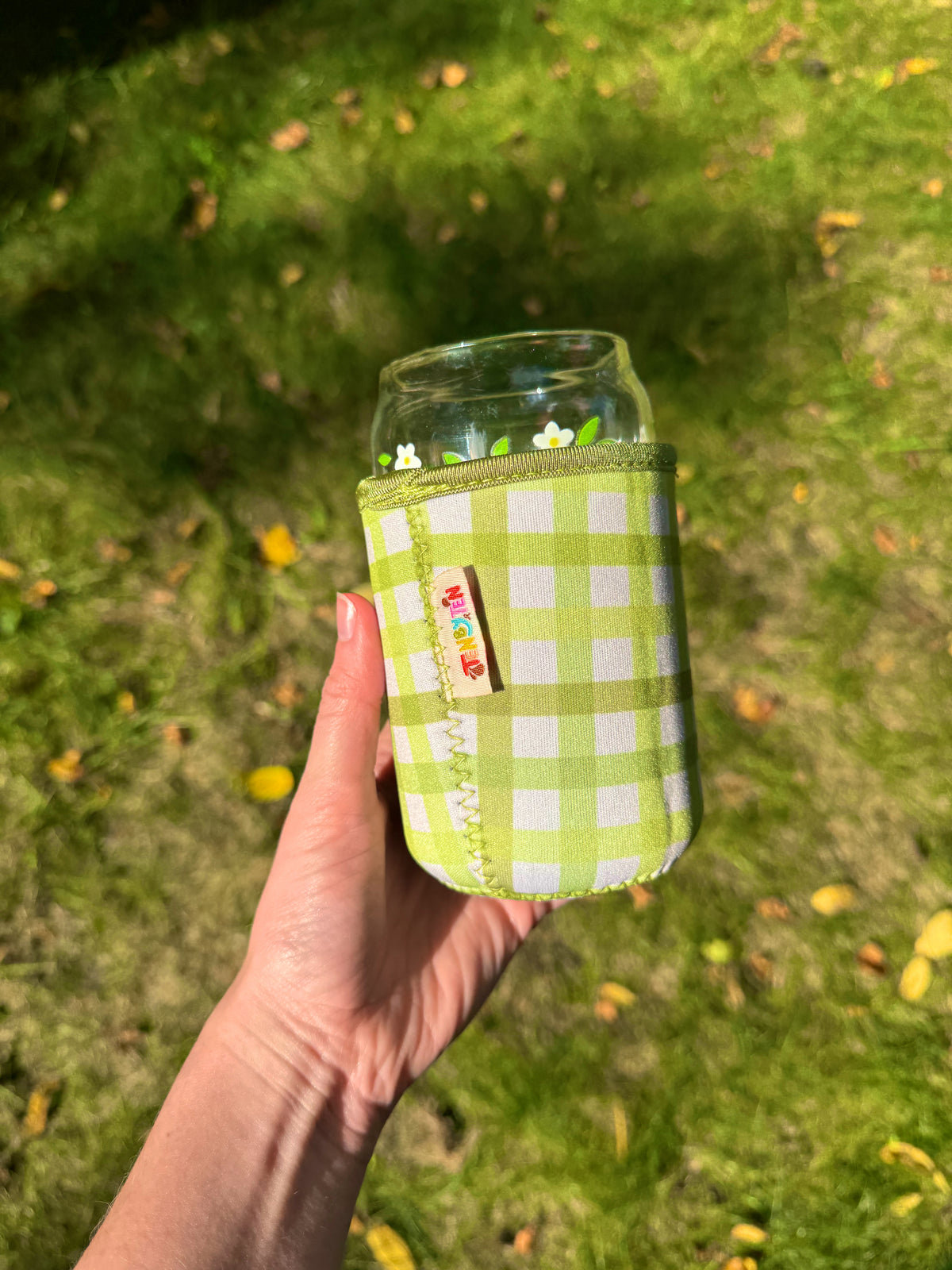 Green Gingham Can Glass Coozie