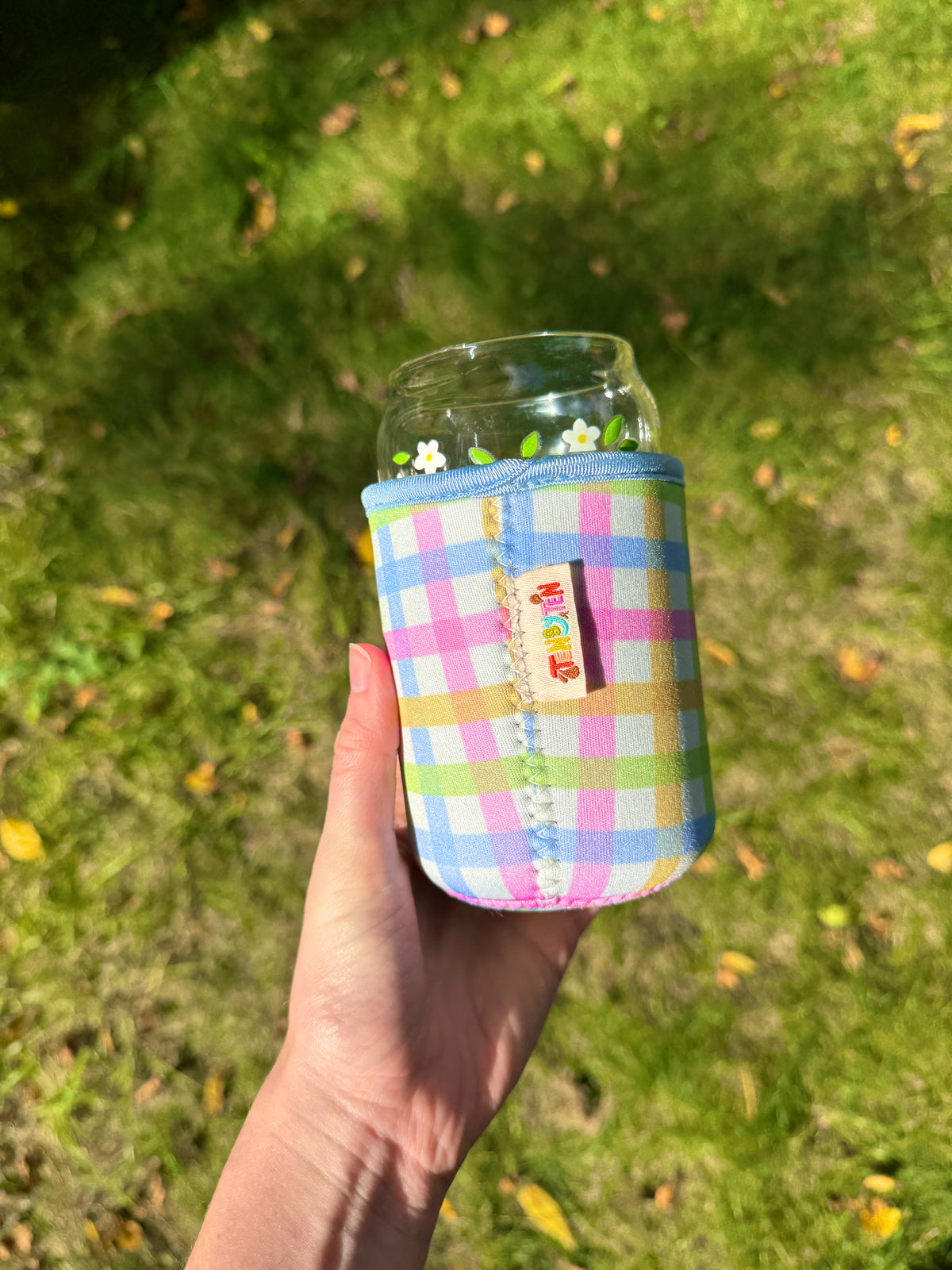 Rainbow Gingham Can Glass Coozie