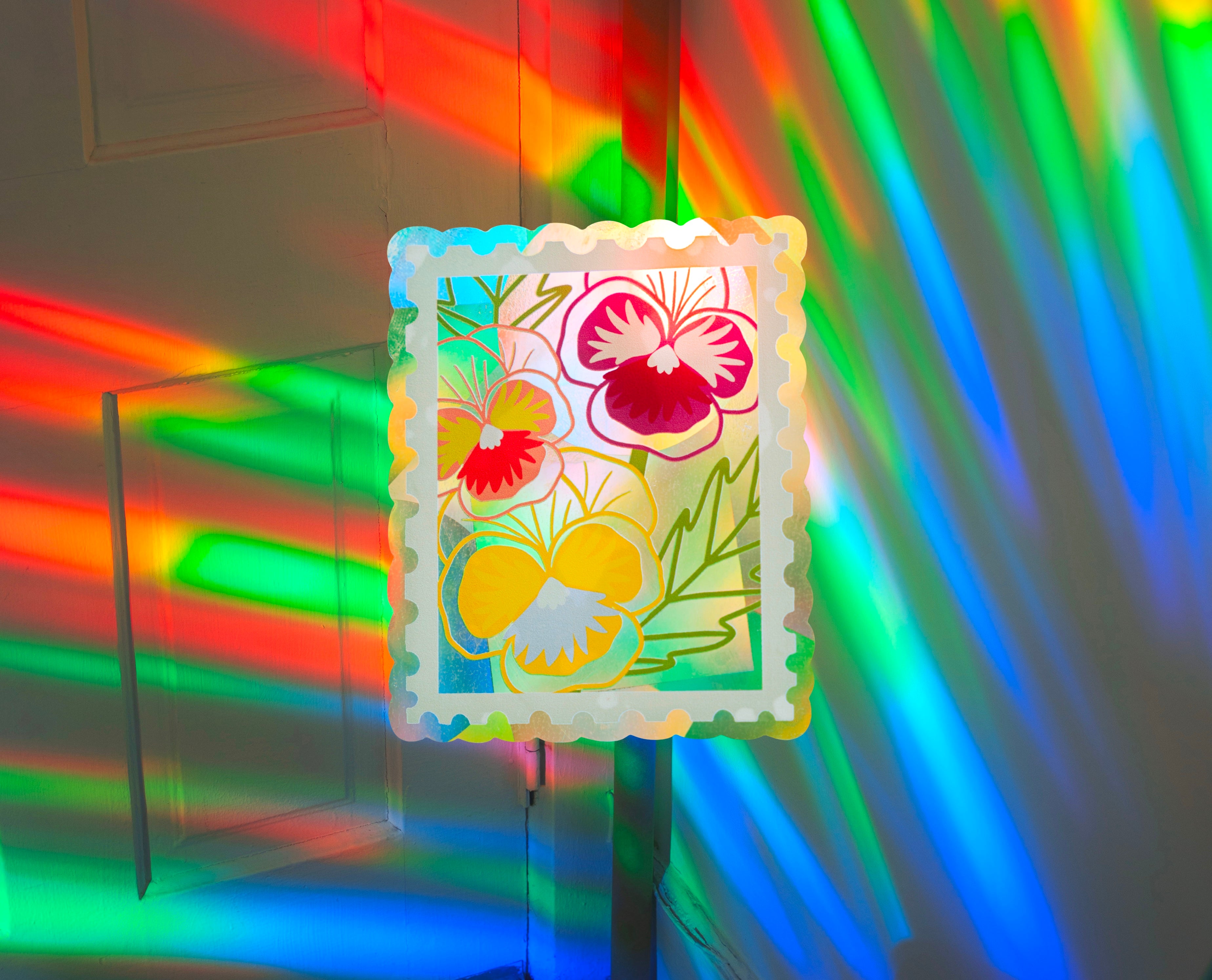 Pansy Stamp Suncatcher Sticker – Prismatic Window Cling | Rainbow Maker Prism Decal