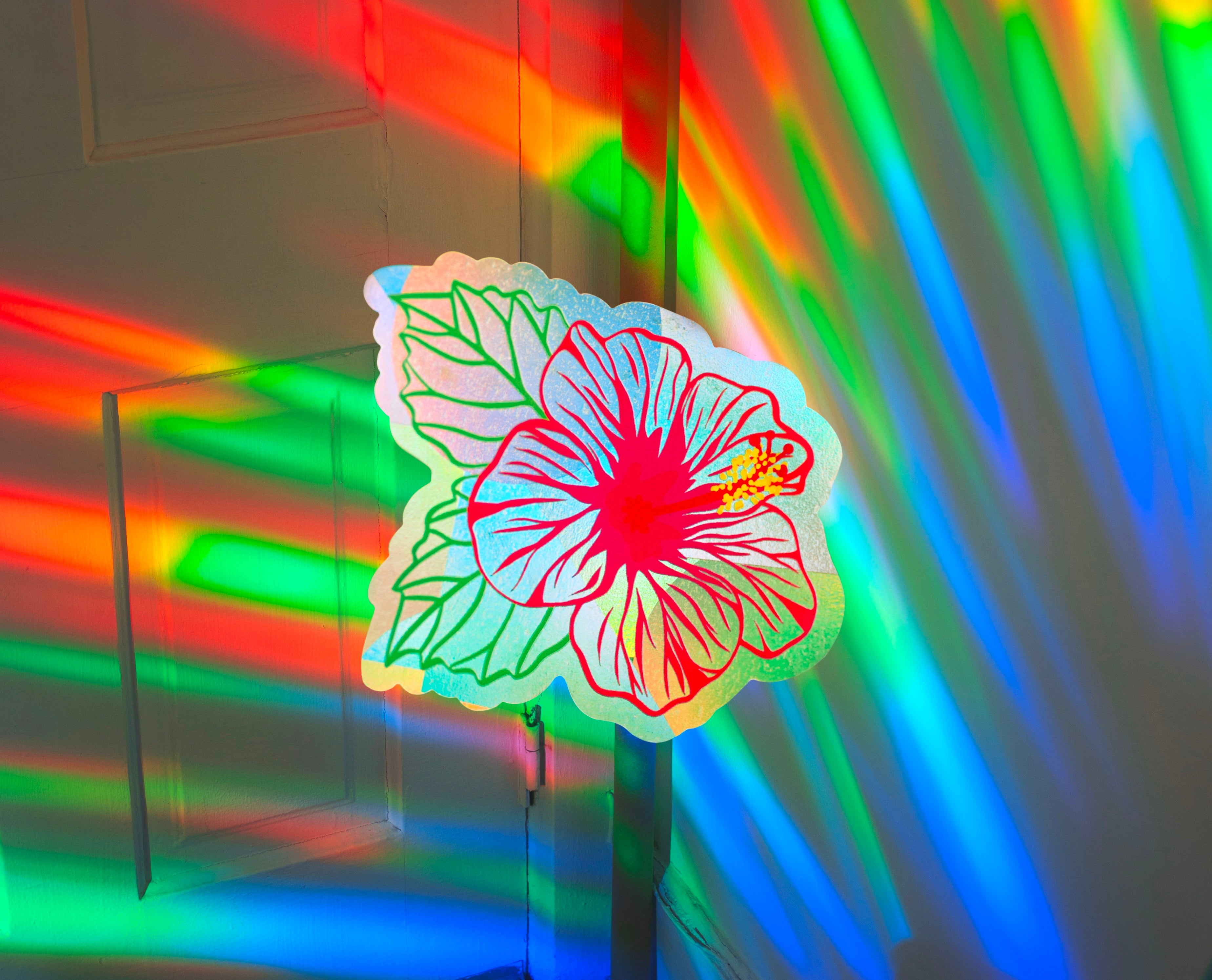 Pink Hibiscus Suncatcher Sticker – Prismatic Window Cling | Rainbow Maker Prism Decal