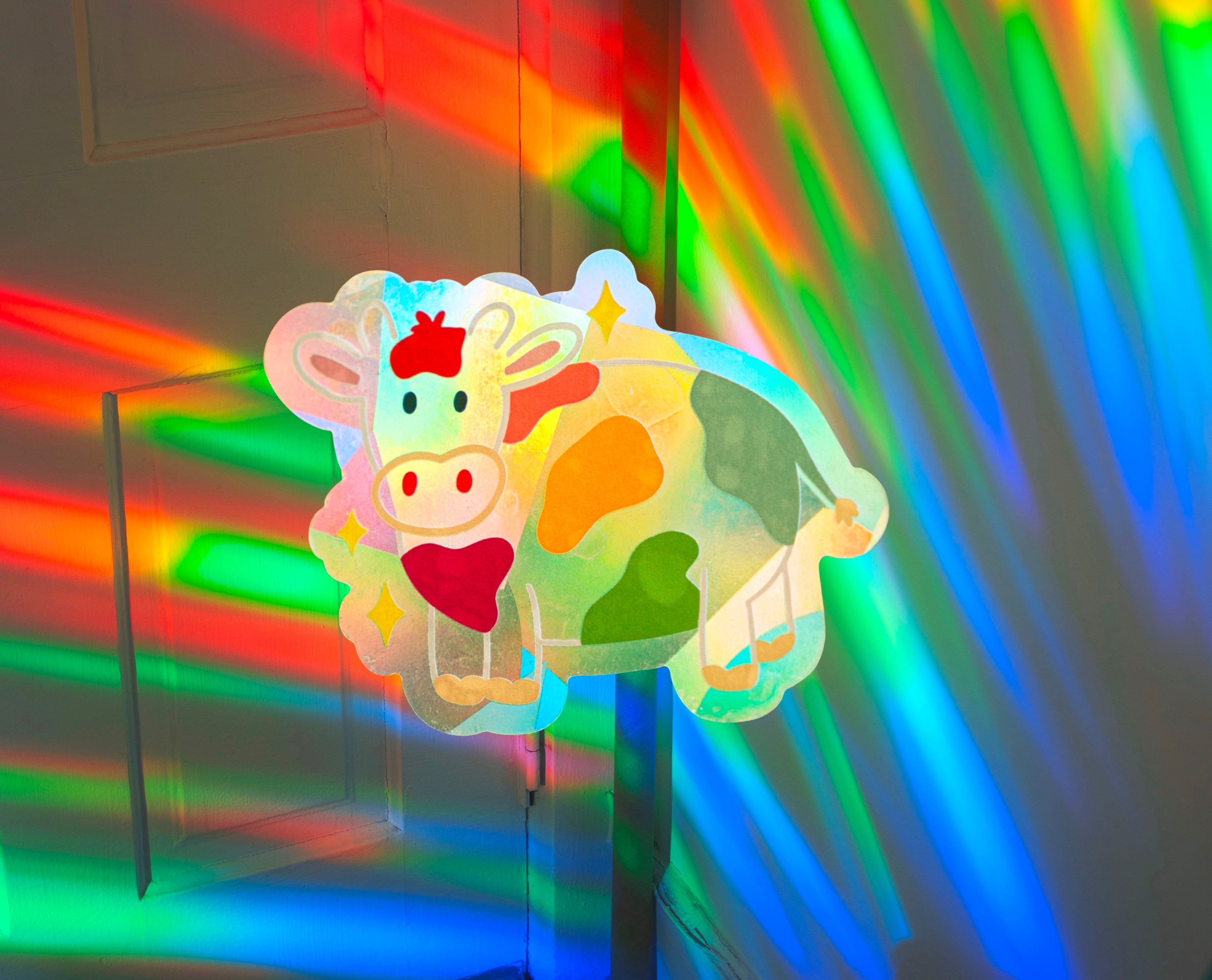 Rainbow Cow Suncatcher Sticker – Prismatic Window Cling | Rainbow Maker Prism Decal